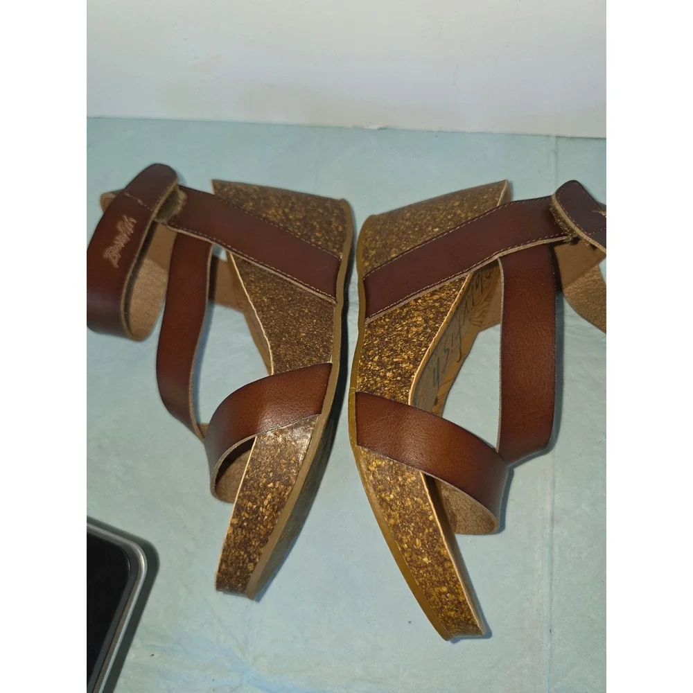 Blowfish Malibu Womens Brown Faux Leather Cork Wedge Sandals Ankle Strap Size 8